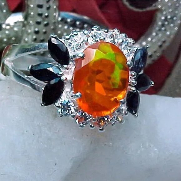 NATURAL MEXICAN FIRE OPAL RING AAA++ 9x7mm FACETED & BLUE SAPPHIRE 925 SS - Picture 3 of 11